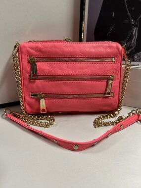 Rebecca Minkoff Coral Pink Leather Crossbody Bag with Gold Chain